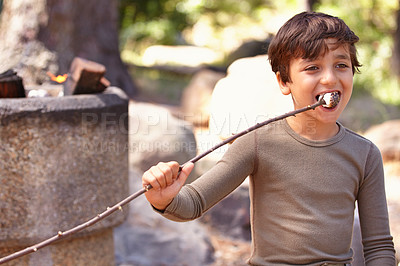 Buy stock photo Child, eating and marshmallow on stick on camping adventure outdoor in summer with dessert snack. Boy, kid and smile with candy at campfire in forest, park or woods on holiday or vacation in nature