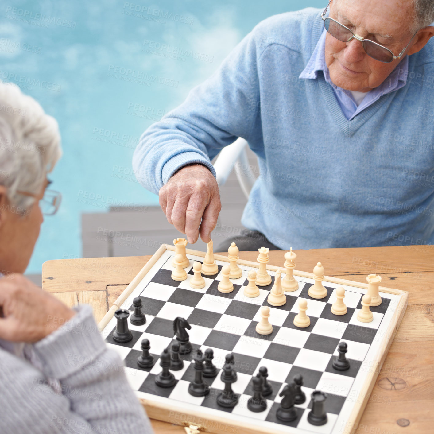 Buy stock photo Senior, couple and game of chess outdoor together in retirement with competition of strategy. Thinking, challenge and elderly man and woman with activity or contest on board for holiday or vacation