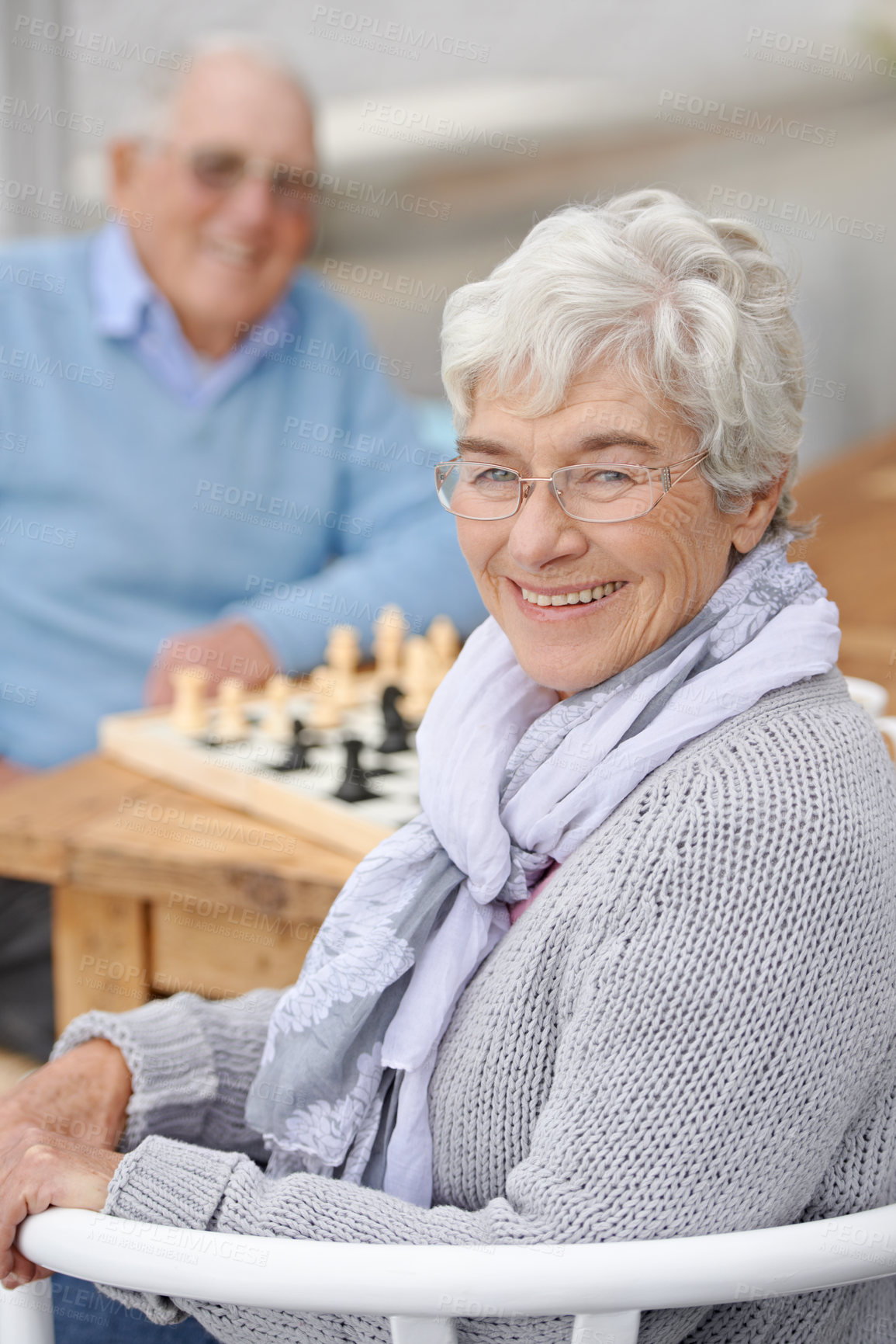 Buy stock photo Chess, game and happy portrait with old people together in retirement to relax with happiness. Elderly, man and woman outdoor with a smile for winning competition, checkmate or activity with strategy