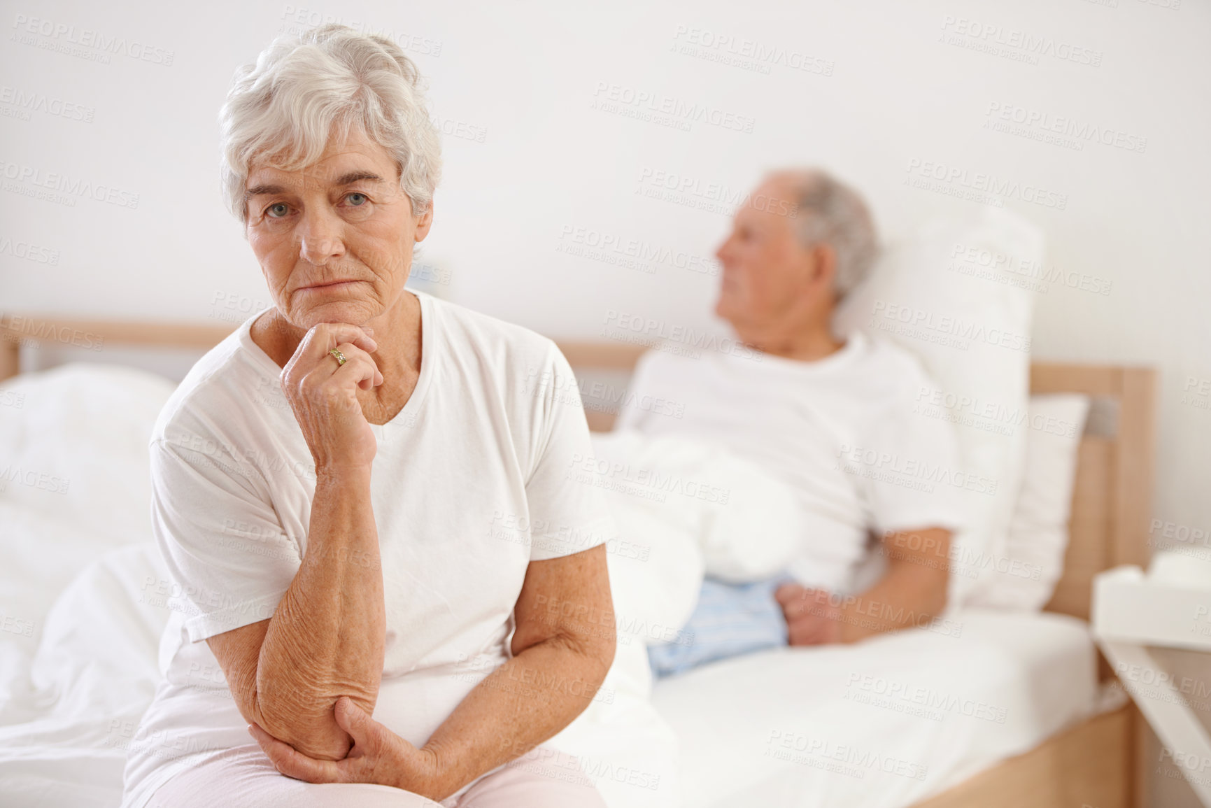 Buy stock photo Senior, couple and sad in bedroom with conflict, ignore and crisis in marriage for mental health or retirement. Elderly, woman or man with fight, argument or divorce on bed in home with disagreement 
