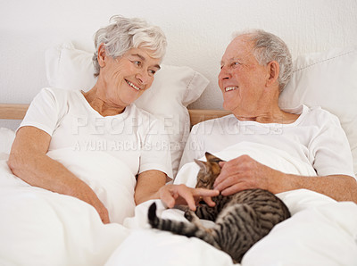 Buy stock photo Mature couple, bed and cat for bonding, embrace and love in morning for smile and cuddle. Senior man, woman and kitty pet, happy and retirement to enjoy marriage and old people in bedroom at home