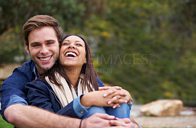 Buy stock photo Portrait, outdoor and couple with love, funny and happiness with nature and summer with weekend break. Smile, man or woman on vacation or adventure with getaway trip or bonding together with laughing