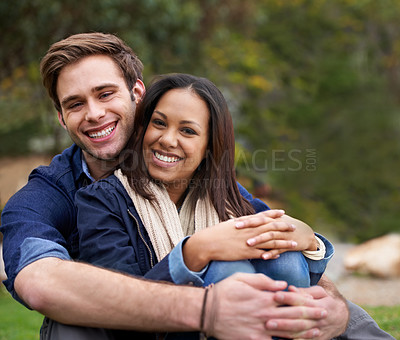 Buy stock photo Portrait, outdoor and couple with smile, love and happiness with nature and summer with weekend break. Face, man and woman on vacation and adventure with getaway trip or bonding together with romance
