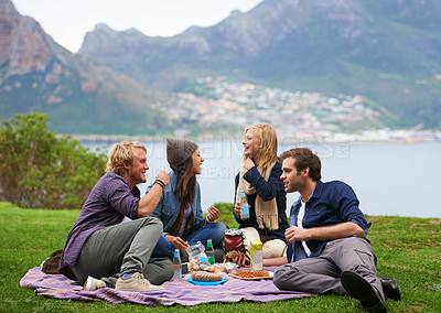 Buy stock photo A group of friends enjoying an outdoor picnic together