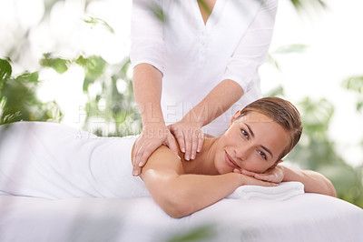 Buy stock photo Spa, portrait and woman or masseuse with massage for relax, luxury treatment and happiness with towel. Person, face and hands for body care, pain relief and comfort with smile, wellness and skincare