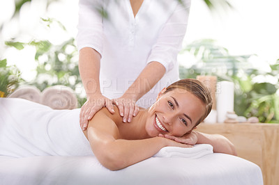 Buy stock photo Smile, portrait and woman or hands with massage for relax, luxury treatment and happiness with towel. Person, face and masseuse for body care, pain relief and comfort with spa, wellness and skincare