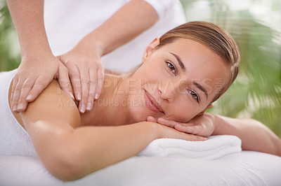 Buy stock photo Spa, portrait and woman or hands with massage for relax, luxury treatment and happiness with towel. Person, face and masseuse for body care, pain relief and comfort with smile, wellness and skincare