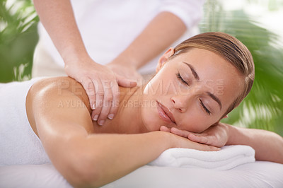 Buy stock photo Spa, face and woman or hands with massage for relax, luxury treatment and satisfaction with towel. Person, calm and masseuse for body care, pain relief and comfort with leisure, wellness and skincare