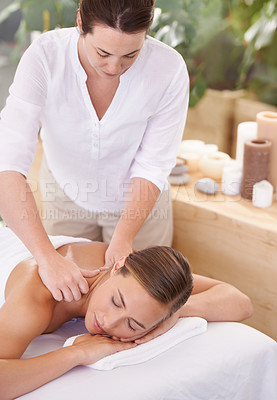 Buy stock photo Spa, woman and masseuse with massage for relax, luxury treatment and satisfaction with towel outdoor. Person, face and wellbeing for body care, pain relief and comfort with wellness and skincare