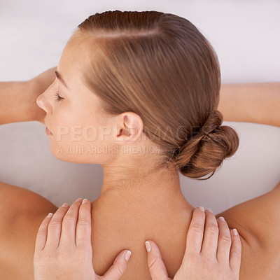 Buy stock photo Spa, top view and woman or hands with massage for relax, luxury treatment and satisfaction with towel. Person, face and masseuse for body care, pain relief and comfort with calm, wellness or skincare