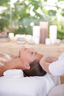 Buy stock photo Spa, head and woman or hands with massage for relax, luxury treatment and satisfaction with towel. Person, face and masseuse for body care, pain relief and comfort with calm, wellness and skincare