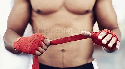 Buy stock photo Closeup, man and wrap of hand for fight, martial arts and boxing at fitness and workout studio. Strap, boxer and gym to exercise, practice and training for health, energy and strength for protection