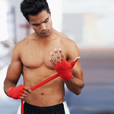 Buy stock photo Wrap, man and boxer hands for sports, competition and fitness in fight practice. Training mma person, workout and exercise as activity for hobby, professional and wellness for health and energy