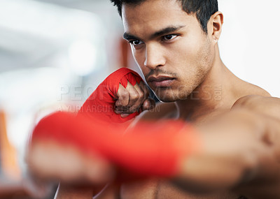 Buy stock photo Boxer, man and training for sports competition, fitness and exercise for health. Professional fighter, workout and gym for wellness person, strong athlete body and champion mma for martial arts