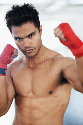 Buy stock photo Portrait, man and boxer in club for sports, training and workout for healthy body. Fighter, face and serious athlete  with muscle on abs for fitness, exercise and martial arts at a gym in Brazil