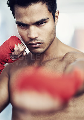 Buy stock photo Gym, portrait and boxing fitness man with punch power, training or body performance, challenge or focus. Hands, mindset or guy fighter with fist wrap for sports battle, action or martial arts warrior