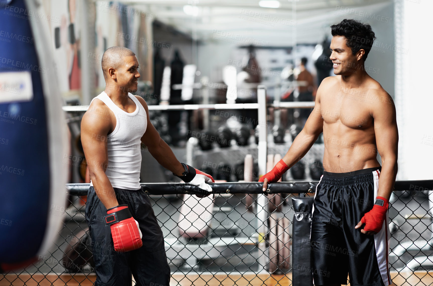 Buy stock photo Fitness, conversation and fighter in gym with coach for training, self defense or combat training. Exercise, sports or talking with muscular man and personal trainer in preparation for boxing