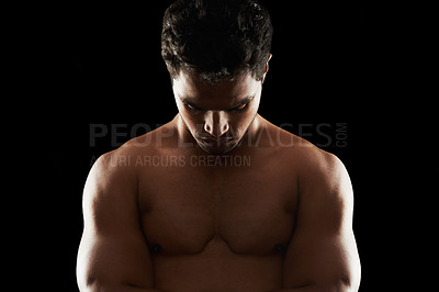 Buy stock photo Fitness, body and man in studio for thinking, wellness or muscle training results on black background. Chest, abs and topless male model with workout ideas, goals and healthy lifestyle inspiration