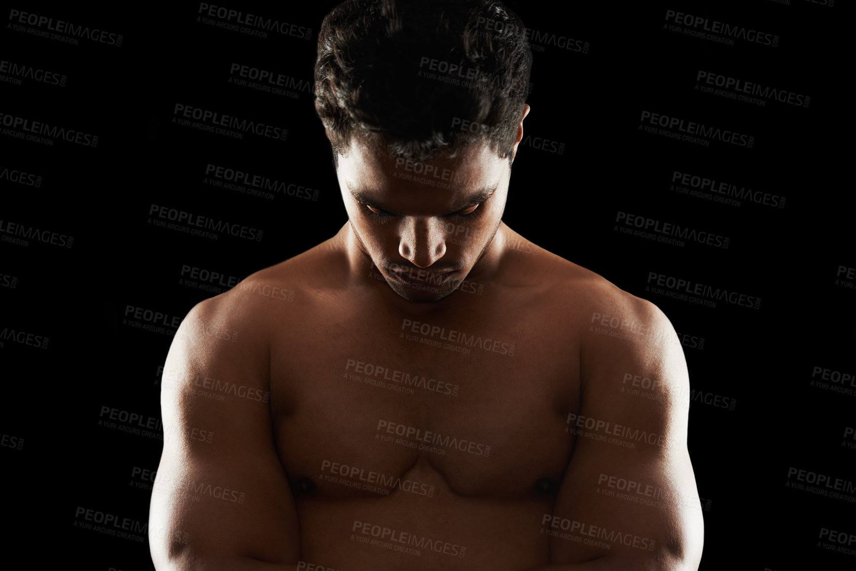 Buy stock photo Fitness, body and man in studio for thinking, wellness or muscle training results on black background. Chest, abs and topless male model with workout ideas, goals and healthy lifestyle inspiration