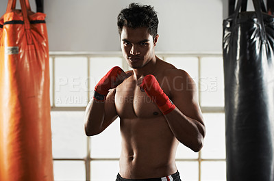 Buy stock photo Portrait, man and boxing in club for sports, training and workout for healthy body. Fighter, face and serious athlete  with muscle on abs for fitness, exercise and martial arts at a gym in Brazil