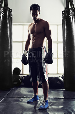 Buy stock photo Man, portrait and confident with boxing gloves in centre for combat sport, fitness and competition for strong people. Male fighter, determined and ready for self defense, serious and fit with power