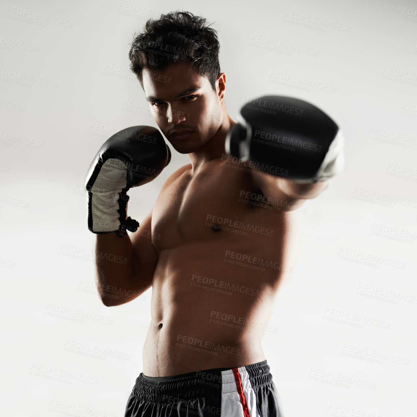 Buy stock photo Man, serious and portrait with boxing gloves in studio for self defense, mma and combat. Male person, fighter and heavy training for physical sport with commitment, ready and strong for activity