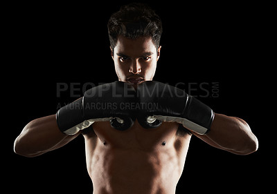 Buy stock photo Portrait, man and boxer in stance for training, sports or workout for body health isolated on black background in studio. Fighter, serious face and athlete in gloves for fitness or exercise in Brazil