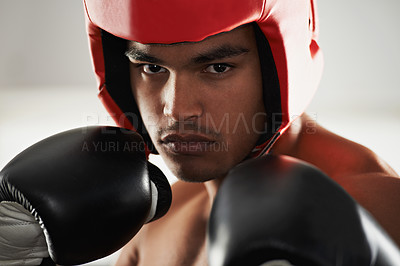 Buy stock photo Fitness, cardio and man boxer in gym for exercise, workout and combat training for competition. Breathing, health and shirtless male athlete fighter in boxing ring with gloves in sports center.