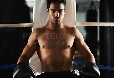 Buy stock photo Portrait, man and boxing ring for sports, training and workout at corner of gym for body health. Fighter, serious face and athlete with gloves for fitness, exercise or strong abs at club in Brazil