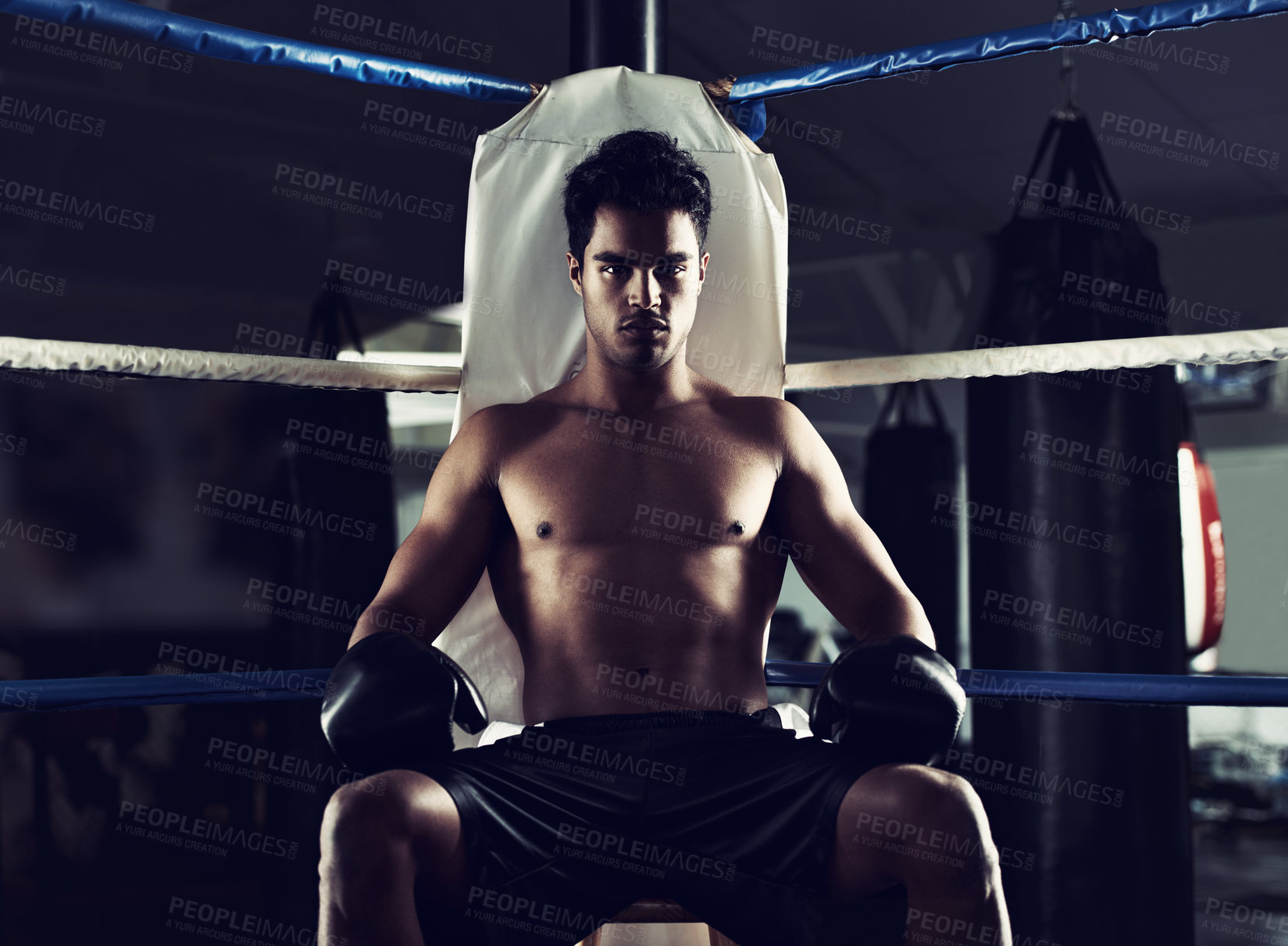 Buy stock photo Portrait, man and boxing ring for sports, corner or training for competition in gym for body health. Fighter, athlete and serious person with gloves for fitness, exercise or workout at club in Brazil