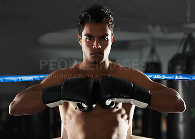 Buy stock photo Boxer, man and gym with sport, boxing ring and confidence for workout or training. Person, exercise and fitness for health, wellness and motivation for winning with commitment for professional fight