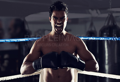 Buy stock photo Boxer, man and gym with shout, boxing ring and scream for workout or training. Person, exercise and fitness for health, wellness and confidence for winning with discipline for professional fight