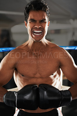 Buy stock photo Boxer, man and gym with shout, boxing ring and cardio for workout or training. Person, exercise and fitness for health, wellness and sport achievement with celebration for professional fight
