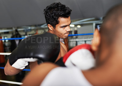 Buy stock photo Boxer, man and fight in boxing ring for training, workout and confidence for performance with coach and fitness. Professional, athlete and exercise for competition, match and sport with endurance