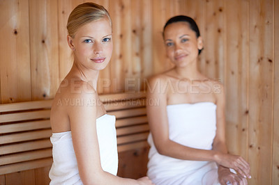 Buy stock photo Skincare, portrait and friends relax in sauna at spa for healthy detox, sweat and wellness in beauty. Luxury, treatment and women sitting with steam for anti aging, skin care and benefits to body