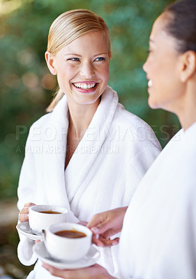 Buy stock photo Women friends at spa with coffee, happy with self care and wellness, spending quality time together at luxury resort. Beauty, stress relief and female people with smile and relax with drink