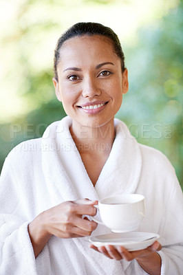 Buy stock photo Woman, relax and portrait at spa with coffee, hotel and bathrobe from wellness and skincare treatment. Espresso, happy and smile from tea cup and health with hospitality at lodge with luxury and care
