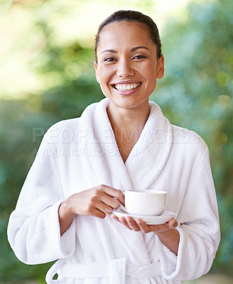 Buy stock photo Woman, portrait and spa outdoor with coffee, hotel and bathrobe from wellness and skincare treatment. Espresso, happy and smile from tea cup and health with hospitality at lodge with luxury and care