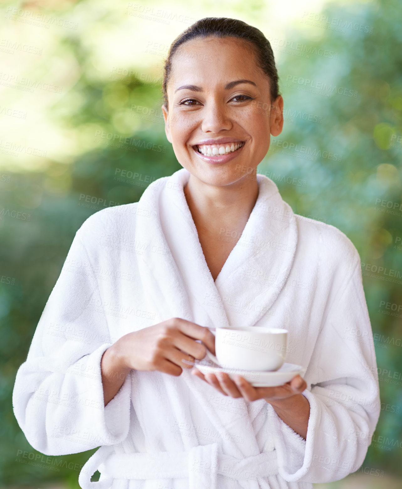 Buy stock photo Woman, portrait and spa outdoor with coffee, hotel and bathrobe from wellness and skincare treatment. Espresso, happy and smile from tea cup and health with hospitality at lodge with luxury and care