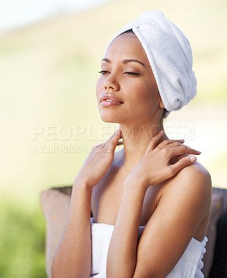 Buy stock photo Spa, outdoor and woman in towel for beauty, healthy skincare touch and wellness. Relax, body and young person at salon for pamper treatment, luxury therapy massage or girl thinking at nature resort