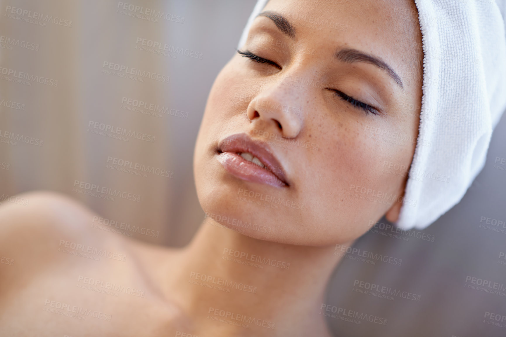Buy stock photo Relax, spa and woman with massage, cosmetics and beauty with skincare, resort and body care. Female person, lady and customer with salon treatment, pamper and peace with wellness, rest and  health