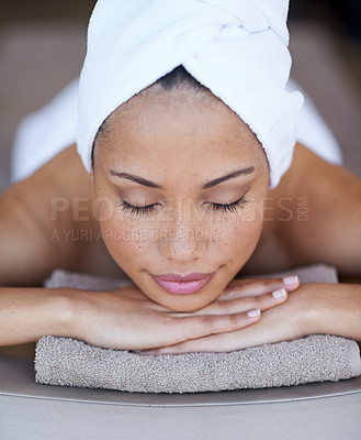Buy stock photo Spa, woman and sleeping on massage bed with smile for wellness, zen and beauty treatment for body care. Person, relax and physical therapy at resort, salon table and luxury on holiday or vacation