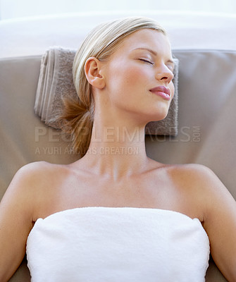 Buy stock photo Spa salon, relax and face of a woman for beauty, wellness or skincare from above. Female client sleeping on massage table for peace with luxury facial cosmetic, zen treatment and healing or health