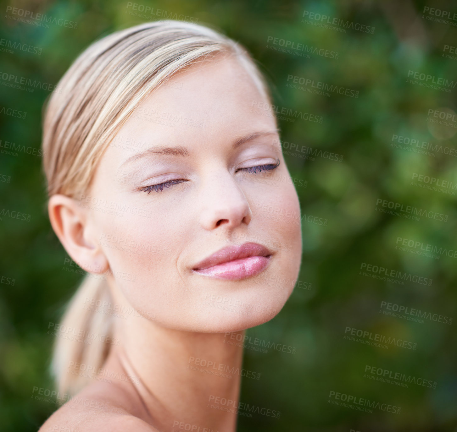 Buy stock photo Beauty, makeup and face of a woman outdoor in nature for natural cosmetics, dermatology and glow. Female model person happy with green or sustainable skincare, self care and healthy facial skin