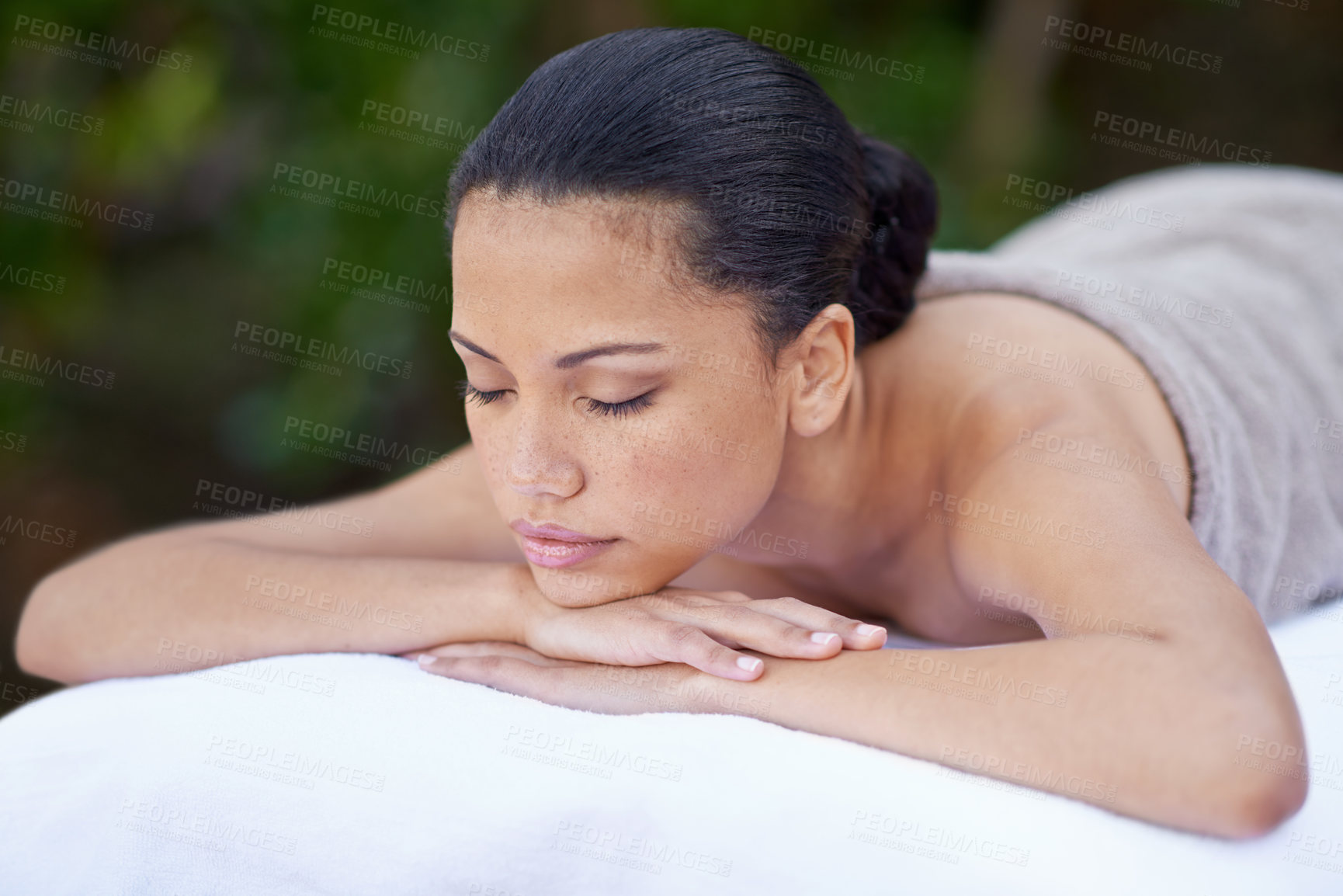 Buy stock photo Spa, woman and sleeping on massage bed with break for wellness, zen and beauty treatment for body care. Person, relax and natural self care at resort, salon table and luxury on holiday or vacation