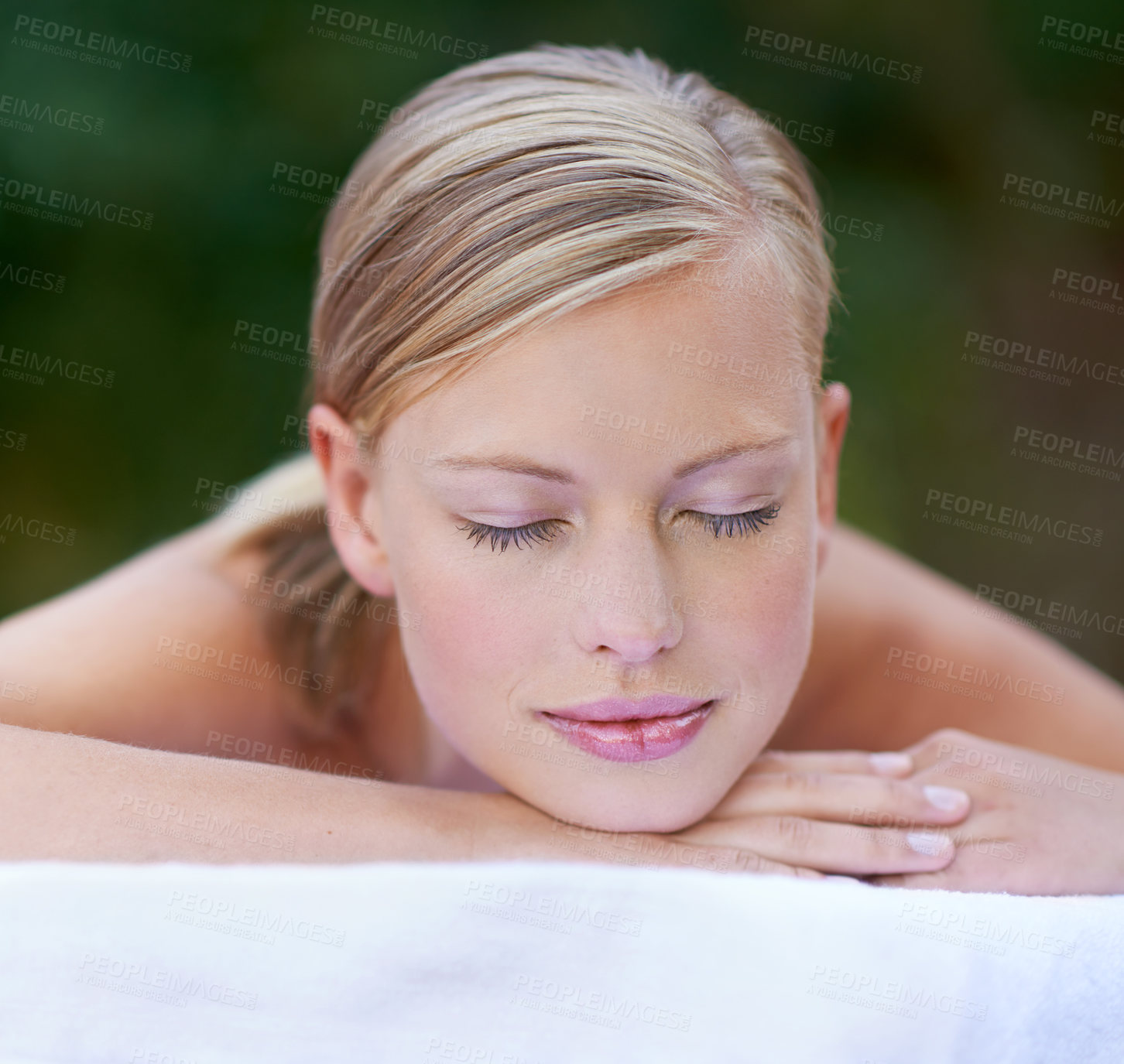 Buy stock photo Woman, spa and sleeping after massage, facial or hotel beauty treatment with rest. Relax, calm and nap from cosmetics, care and hospitality from skincare and wellness zen with peace at a resort