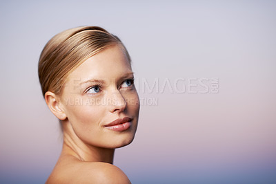 Buy stock photo Woman with think face, beauty and natural skincare or cosmetics, healthy skin mockup with wellness. Female model, dermatology and care, facial spa treatment with hygiene or grooming on sky background