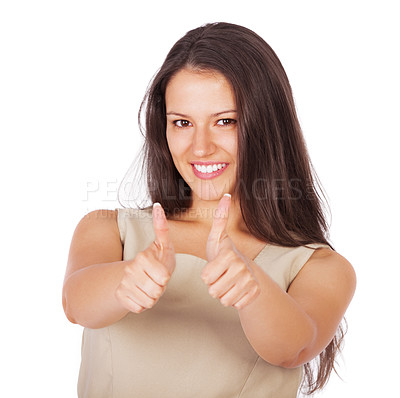 Buy stock photo Portrait, smile or thumbs up for support and woman in studio isolated on white background with like or yes gesture. Face, hands and motivation with happy young person showing emoji sign for thank you