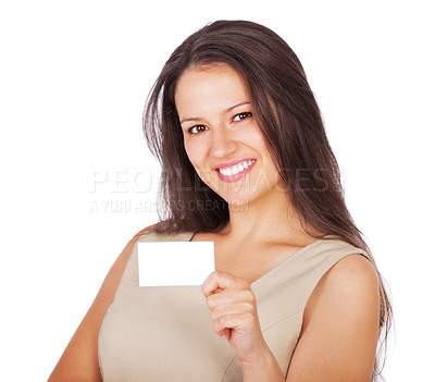 Buy stock photo Woman, portrait and business card mockup in studio for career information, contact us or startup promotion. Female person, face and paper poster or white background for agent, communication or sale