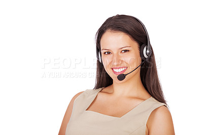 Buy stock photo Businesswoman, portrait and headset at call center for customer service, communication or telemarketing. Female person, face and studio on white background as advisor or support, help or mockup space